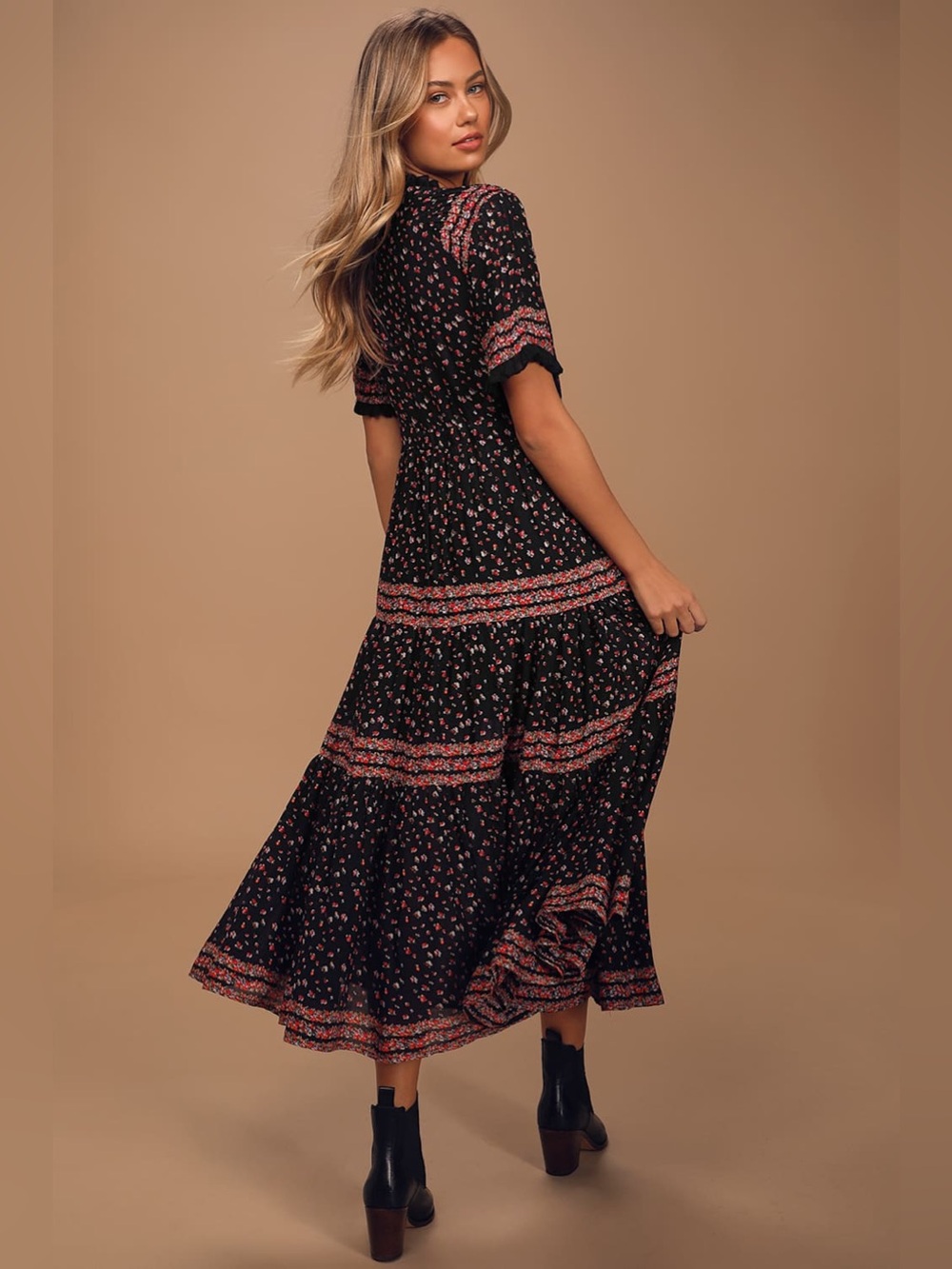 Free People Rare Feelings Black Floral Print Tiered Pleated Maxi Dress Size L - Picture 4 of 14